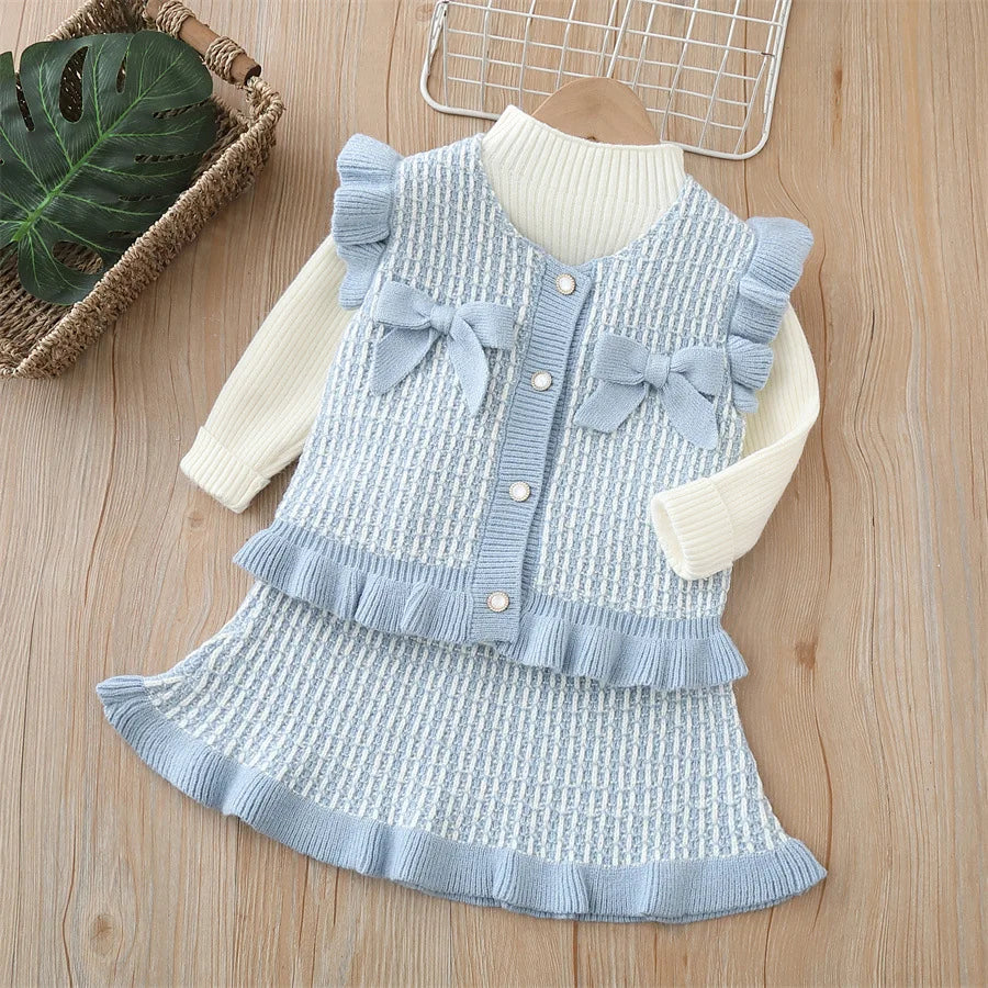 Girls Knitted Woolen Jersey Sweaters Vest Skirts 3pcs Dress Suit