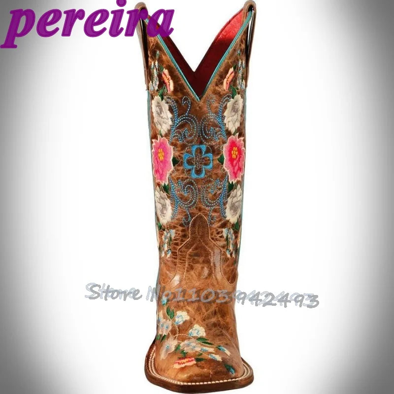 Embroidered Flower Rose Garden Mid-Calf Cowboy Boots