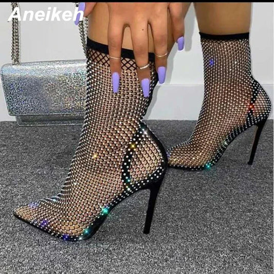 Bling Bling Rhinestone Mesh Pointed toe Ankle Boots