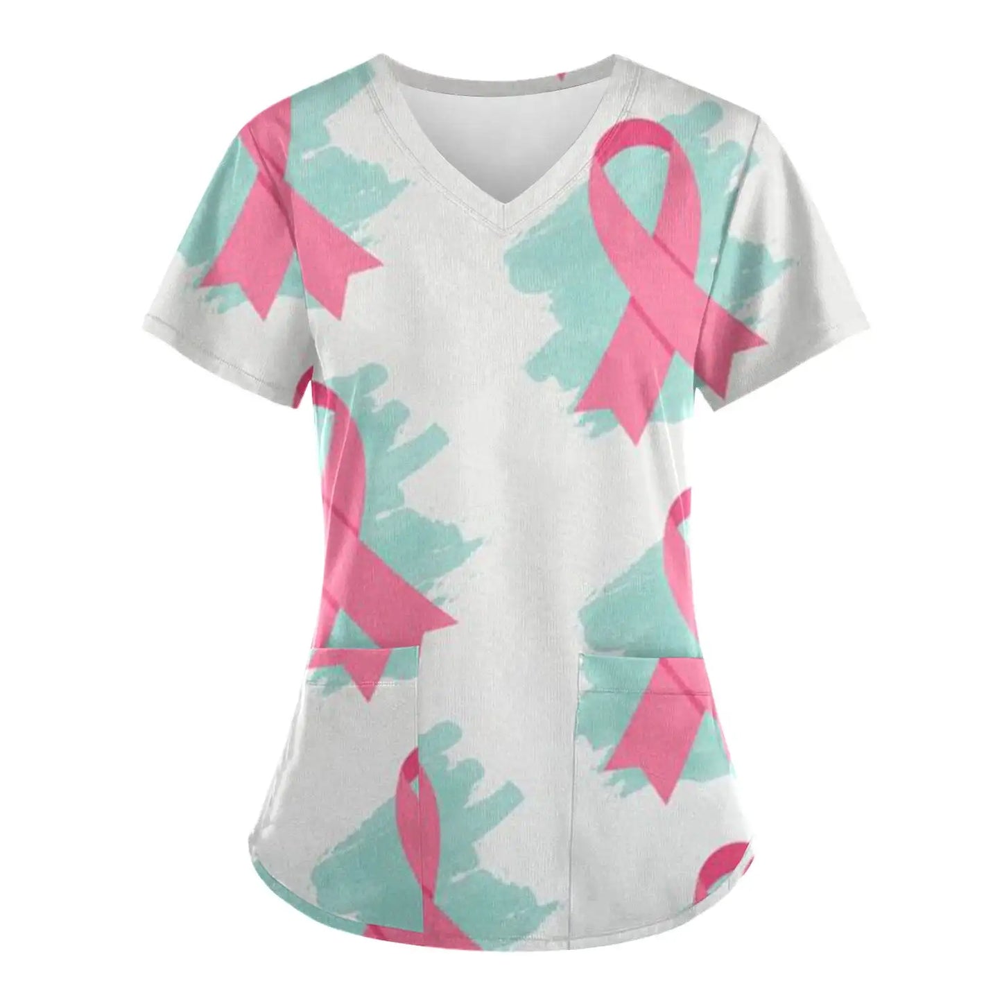 Pink Ribbon Cancer Fighter Women's V Neck Short Sleeve Tops with Pockets Scrubs