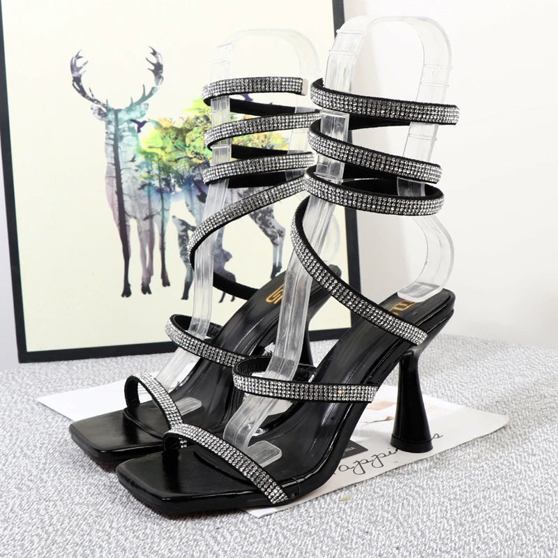 Rhinestone Spiral Strap High-Heeled Sandals
