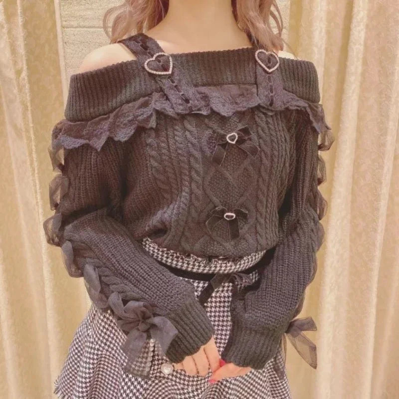 Sweet  Cute Off Shoulder Lace Ruffles Bow Sweater