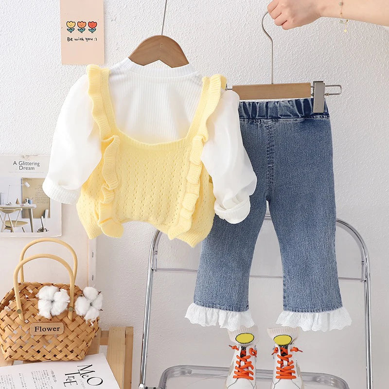 Baby Girls Knitted Vest, Bubble Sleeve T-shirt, and Jeans Set