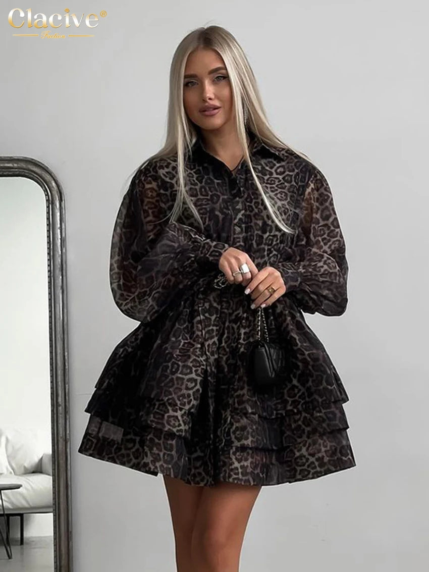 Leopard Print Long Sleeve Mini Dresses