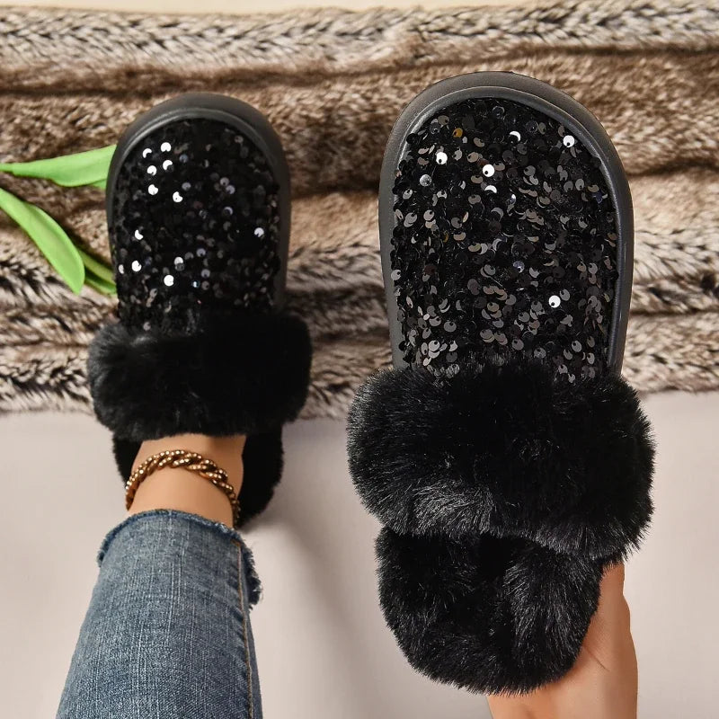Shining Sequins Home Fur Slippers