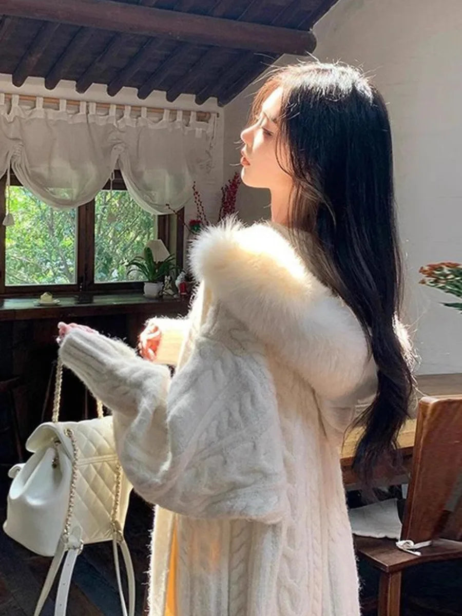 Fur Hooded Sweater Long Cardigan