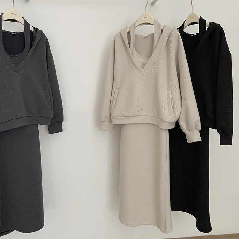 Loose Hooded Neck Dress Loose Sweater Coat  Two-piece