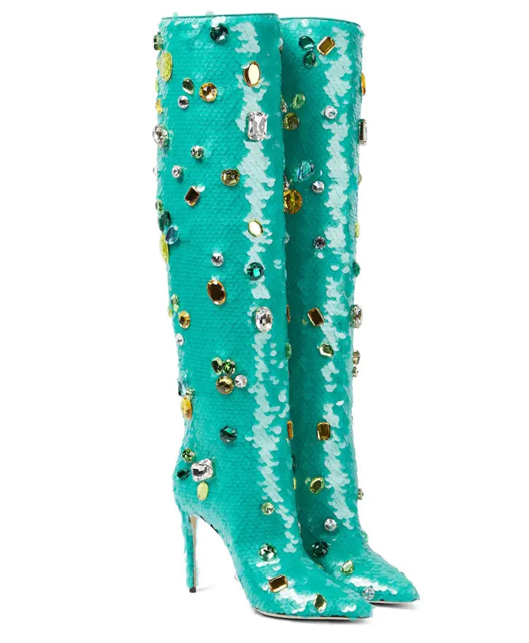 New Handmade Rhinestone Blue  Knee-High Boot