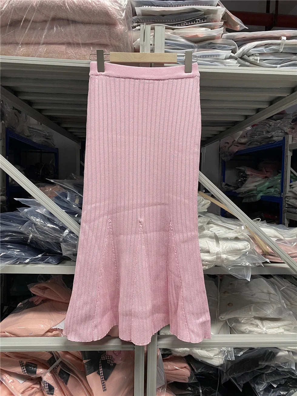 Elegant Flare Sleeve Sweater with Long Mermaid Skirt 2 Piece Knit Set