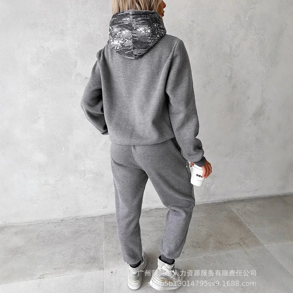 Beaded Casual Two-piece Sweater and Sports Trousers Set with Hood and Matching Coat