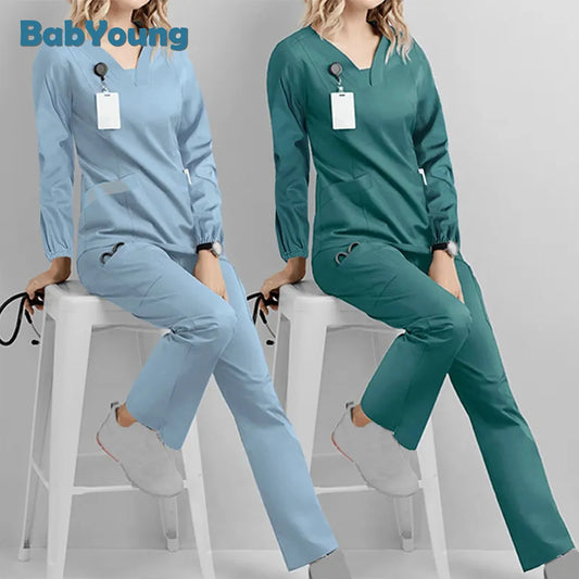 Long Sleeve V-neck Scrub Set