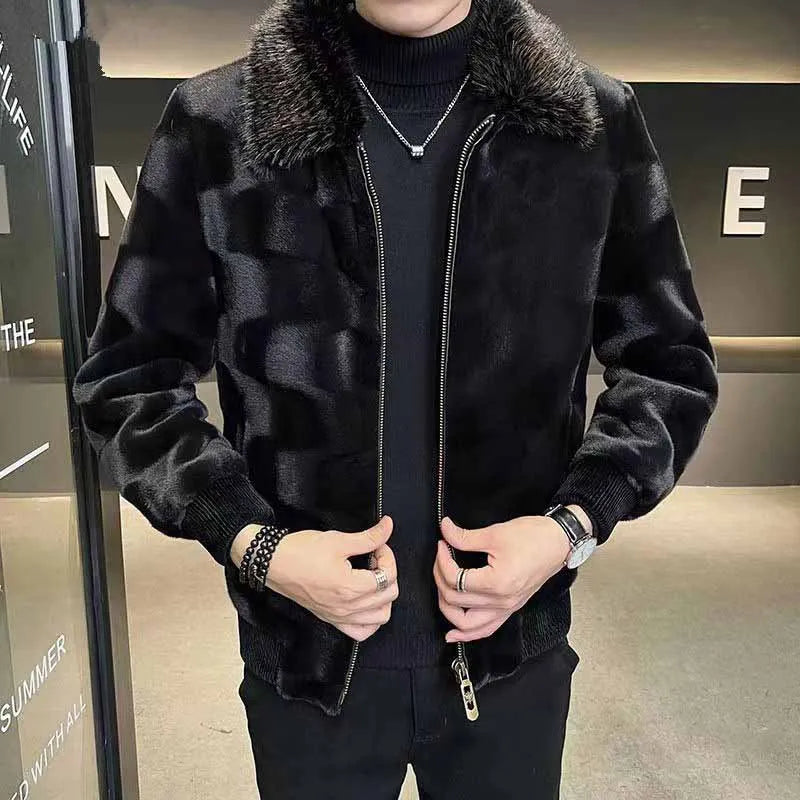 Winter Short Deluxe Imitation Fur Jacket Men Turn-Down Collar Black Soft Warm Faux Fur Coat Men Long Sleeve Fluffy Jackets 2025