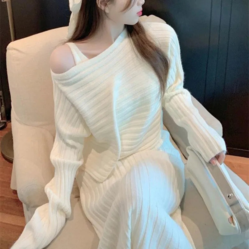 Elegant V-neck Knitted Sleeveless Dress+Pullovers Sweater 2pc Set