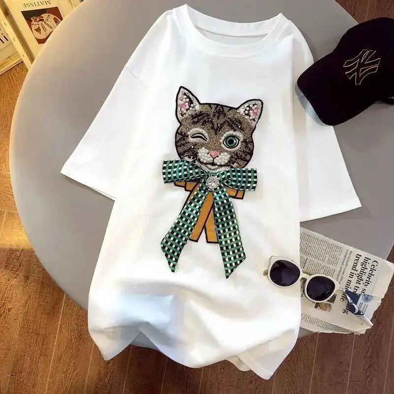 Lazy Cat Exquisite Rhinestone Beaded Bow T-shirt Women's Top