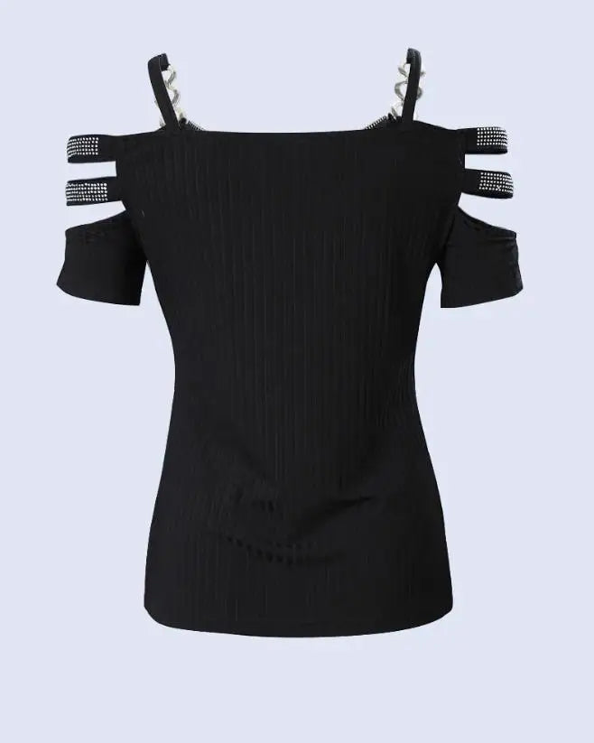 Rhinestone T-Shirt with  Zipper Details Split Bottom Design