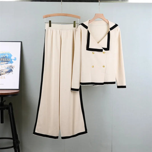 Turn Down Collar Double Breasted  Sweater Set