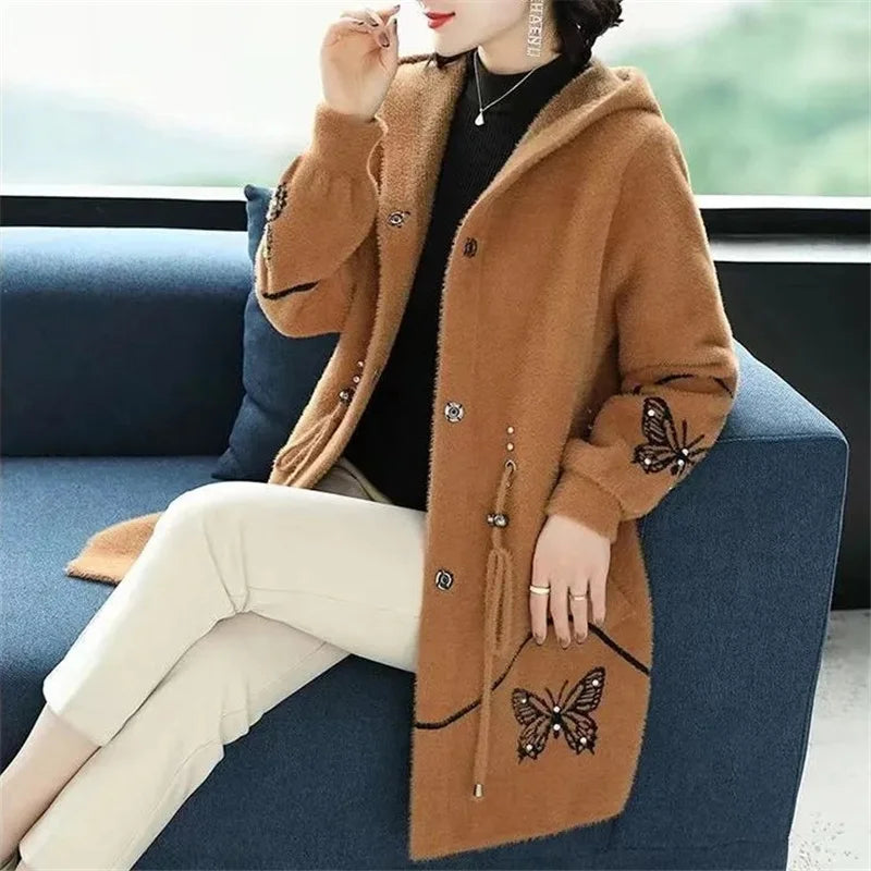 Imitation Mink Fleece Women Coat Hooded Mid Long Knitted Cardigan Sweater