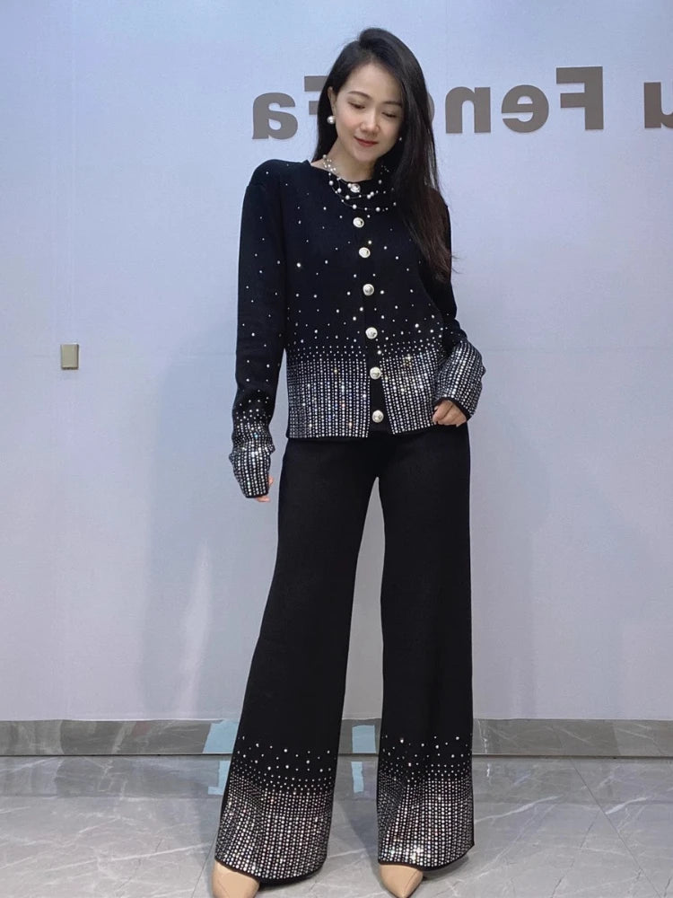 Diamond Studded Knitted Cardigan Sweater Wide Leg PantsTwo Piece Sets