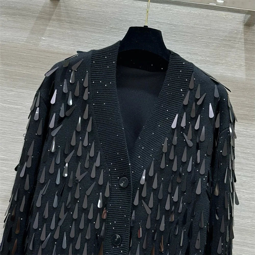 Women's Wool V-Neck Knitted Water Drop Sequins 2 Piece Set