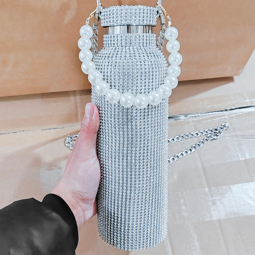 2024 New 750ml Bling Rhinestone Thermos Water Bottle Crossbody Stainless Steel