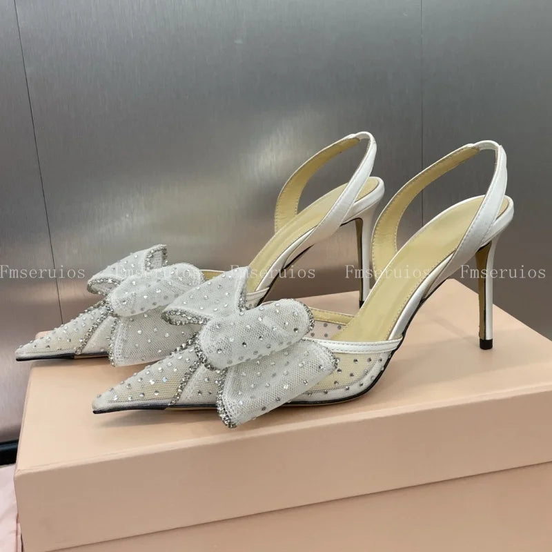 Pointed Toe Stiletto Heel Mesh Rhinestone Bow Elegant Slingbacks