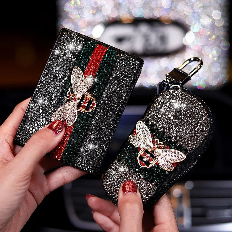 Bling Crystal Little Bee Leather Car Key Case and Drivers License Holder