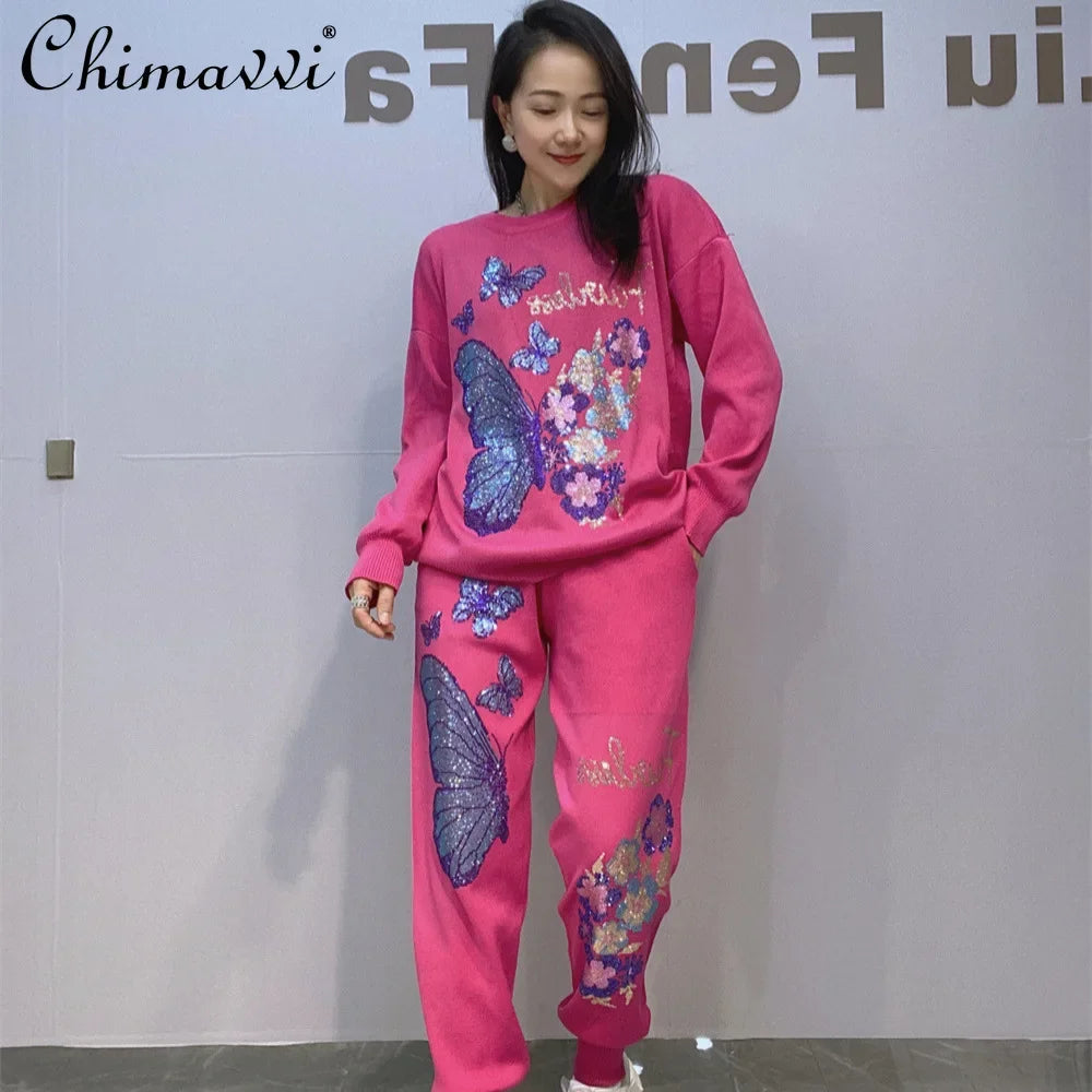 Knitted Crew Rhinestone Pullover Sweater Pants Sports Two-piece Set