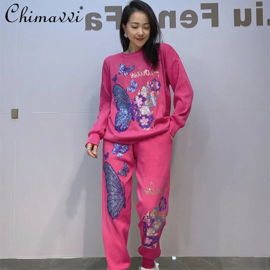 Knitted Crew Rhinestone Pullover Sweater Pants Sports Two-piece Set