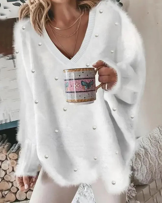 Lazy Ribbed Knitted Pullover V-Neck Pearl Long Sleeved Sweater