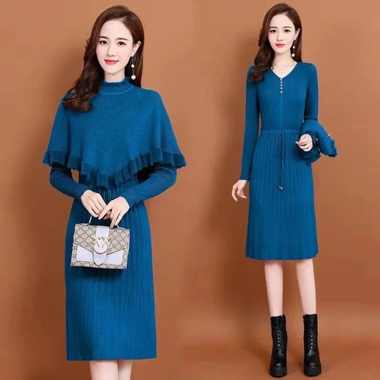 Long Sweater Dress Pullovers Warm Knitted Pullover Dresses + Sweaters Vest Two Pieces Set