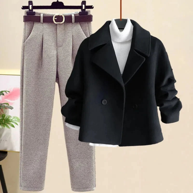 Winter Wool Suit Jacket Jacket Long Sleeve Knitted Sweater Casual Trousers Three Piece Set