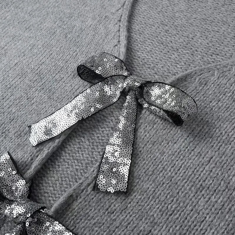 Cardigan Collarless Long Sleeves And Placket With Sequined Bow Sweater