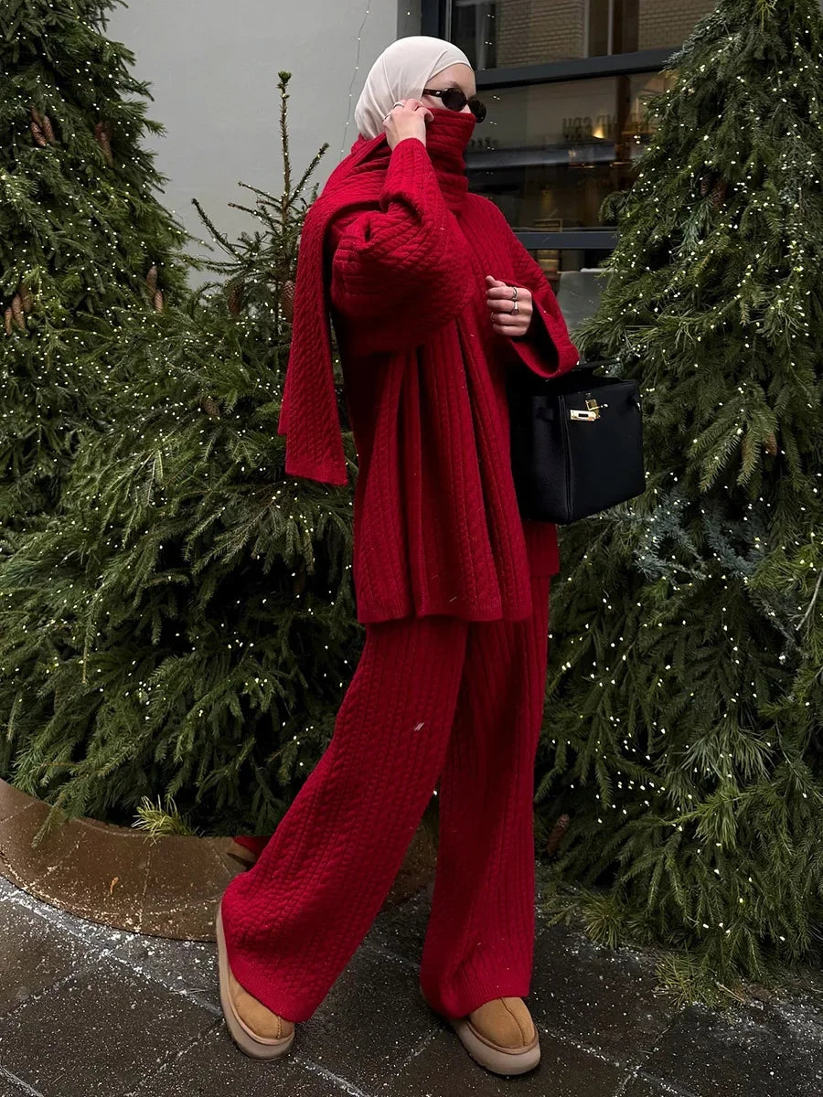 Soft Wool Blend Cable Knit Sweater Wide Leg Pants Set
