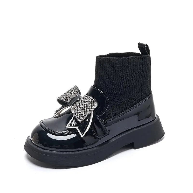 New Children Leather Boots with Rhinestone Bow