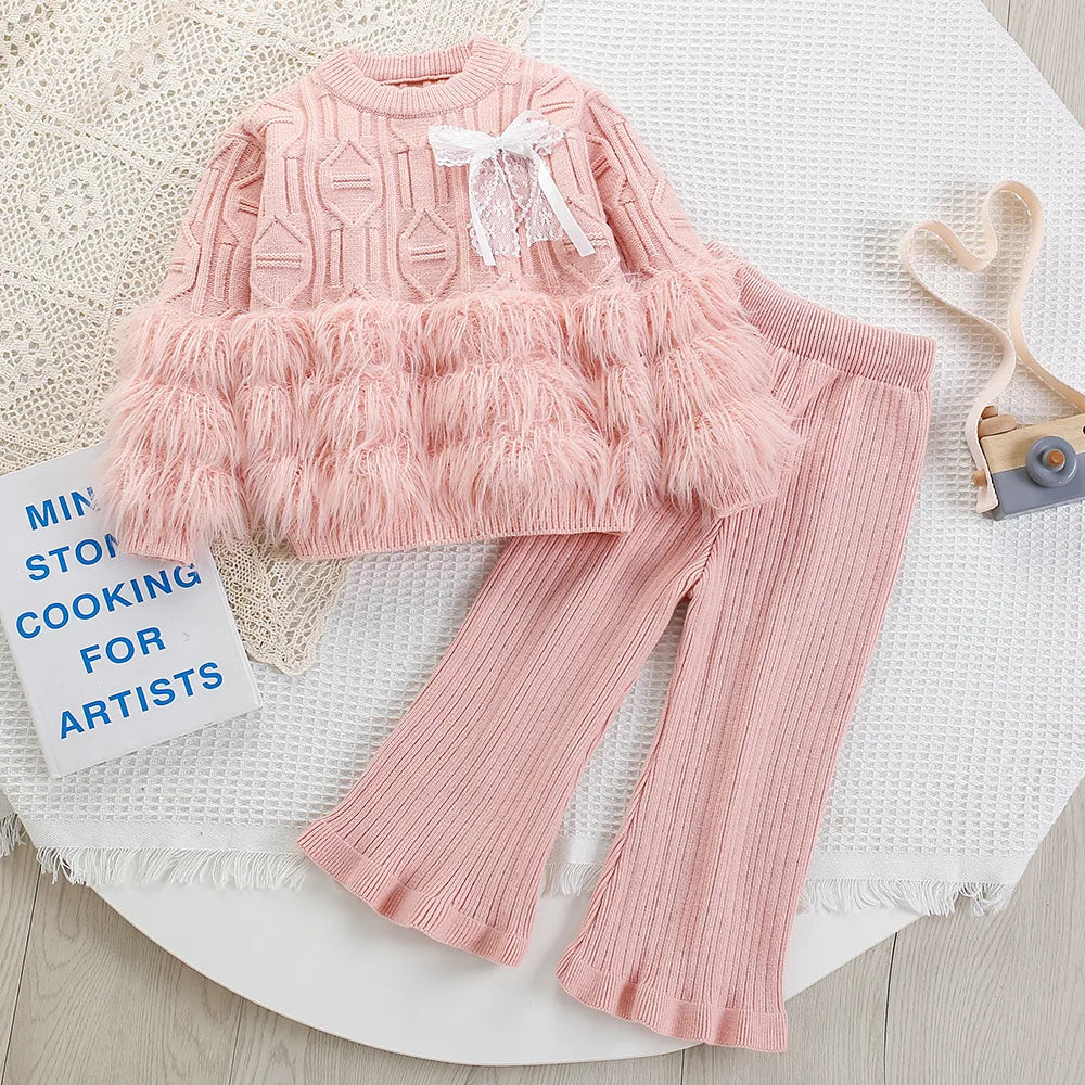 2025 Children Woolen Jersey Sweaters Tops with Fringe Hem Pants Set