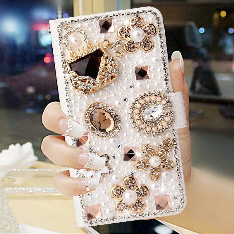 Bling Diamond Rhinestone Flower Case for iPhone 11 12 13 14 15 16 Pro Max XR XS 7 Case Leather Magnetic Flip Wallet Book Cover