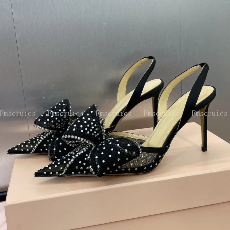Pointed Toe Stiletto Heel Mesh Rhinestone Bow Elegant Slingbacks