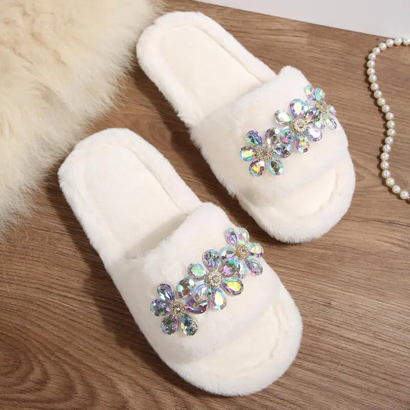 Luxury Glitter Flower Furry Slippers