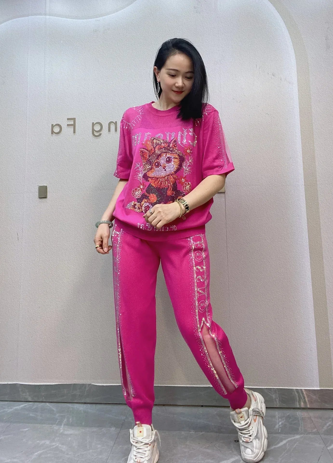 2PCS Knitted Cartoon Shiny Rhinestones Tracksuit