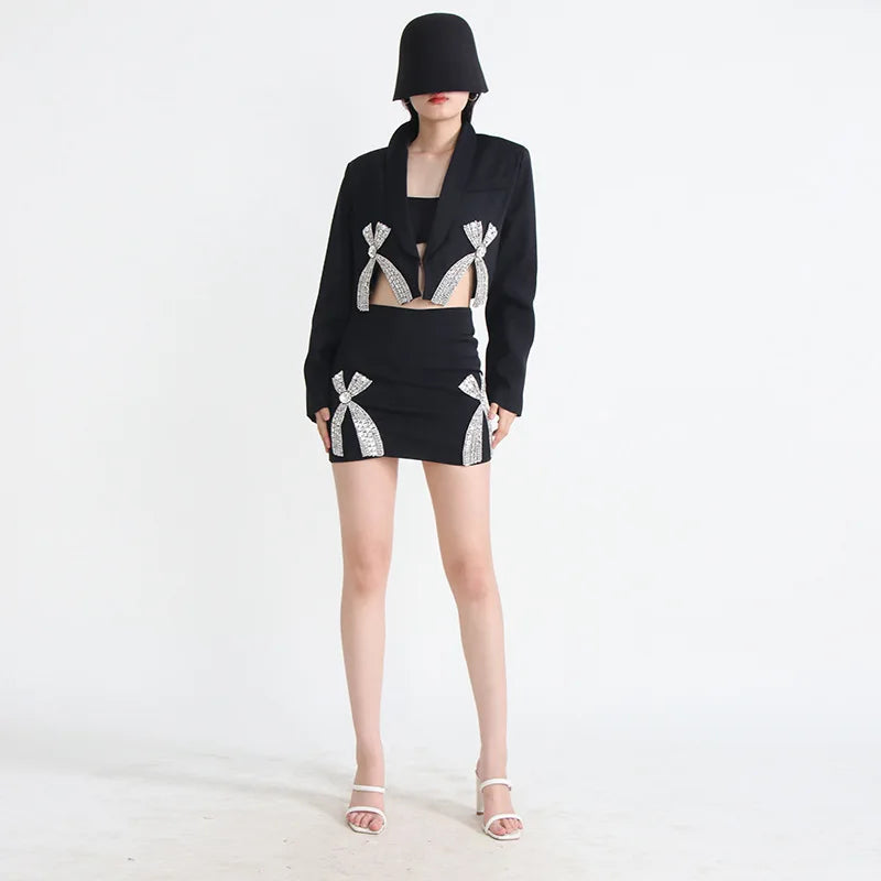 Bow Rhinestones Embellishment Suit
