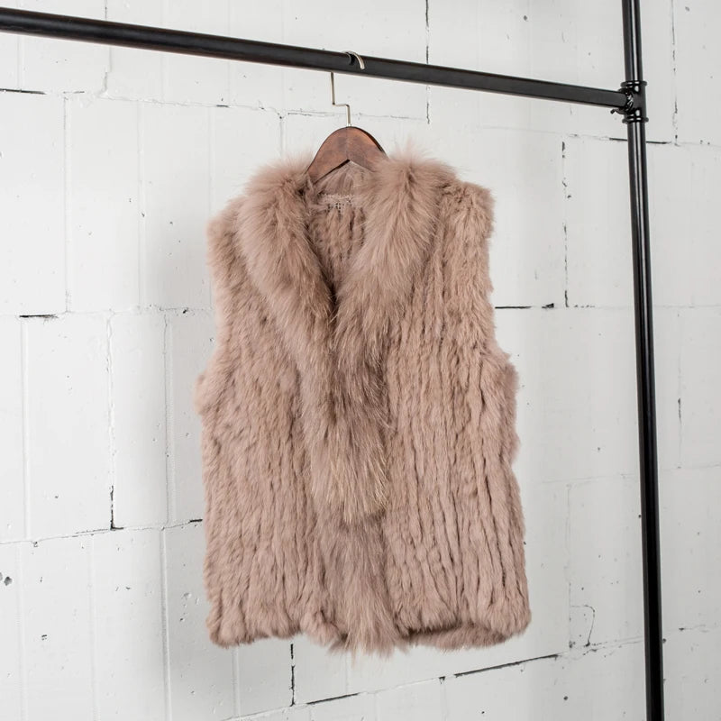 Natural Real Rabbit Fur Vest With Raccoon Fur Collar Jackets