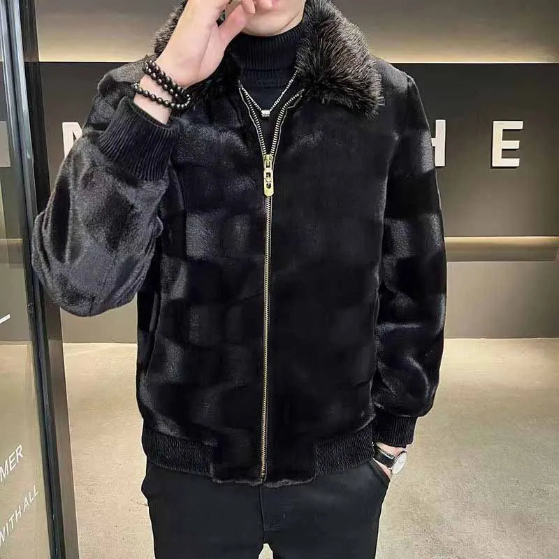 Winter Short Deluxe Imitation Fur Jacket Men Turn-Down Collar Black Soft Warm Faux Fur Coat Men Long Sleeve Fluffy Jackets 2025