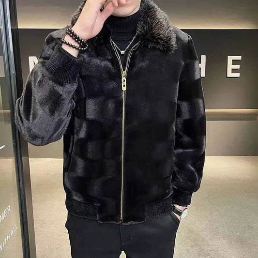 Winter Short Deluxe Imitation Fur Jacket Men Turn-Down Collar Black Soft Warm Faux Fur Coat Men Long Sleeve Fluffy Jackets 2025