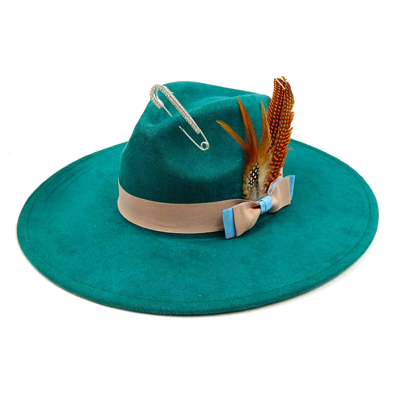 Wide Brim Feather Suede Fedora Hat Heart Top 9.5cm