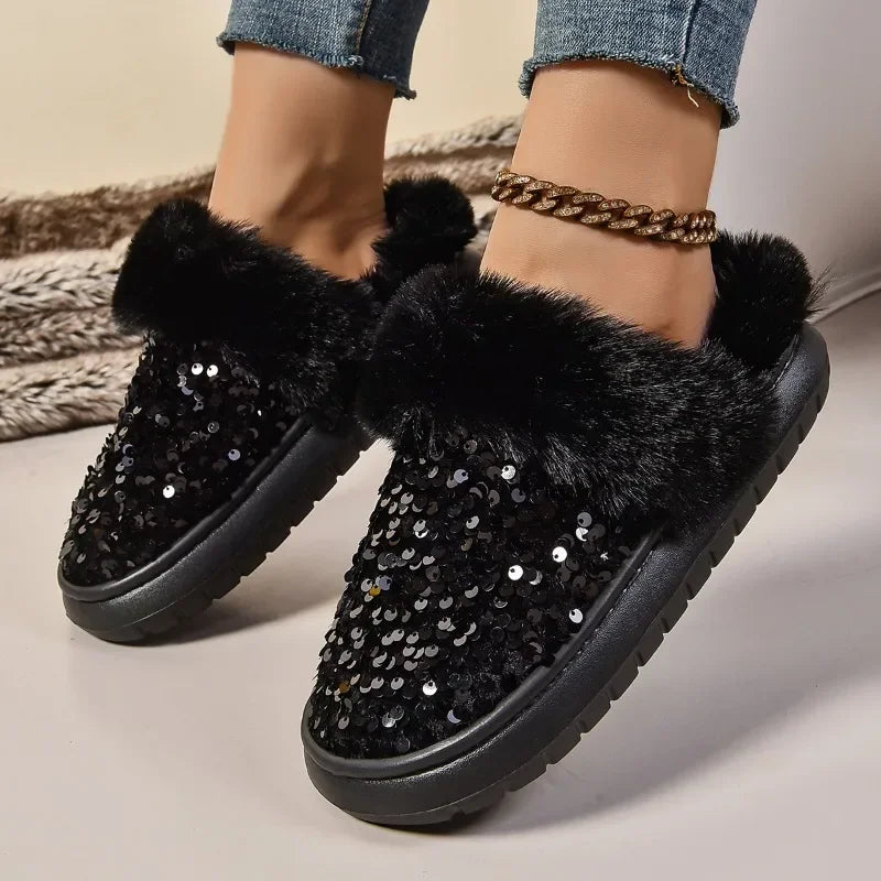 Shining Sequins Home Fur Slippers