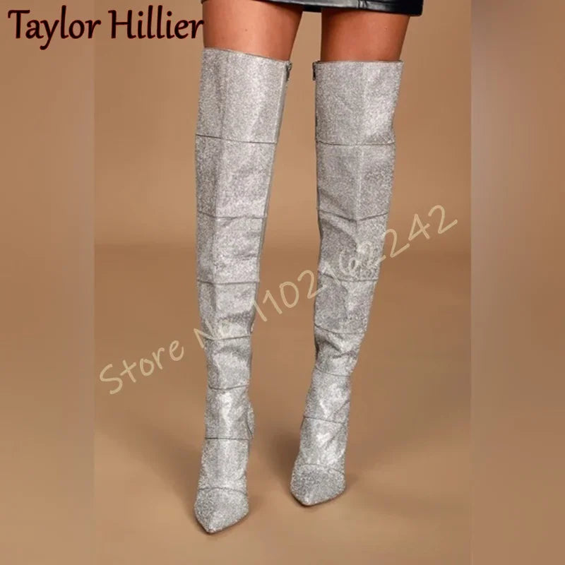 Rhinestone Stitching Over The Knee Boots Women'S Pointed Side Zipper Blingbling Long Boots Fashion Nightclub Dinner Modern Boots
