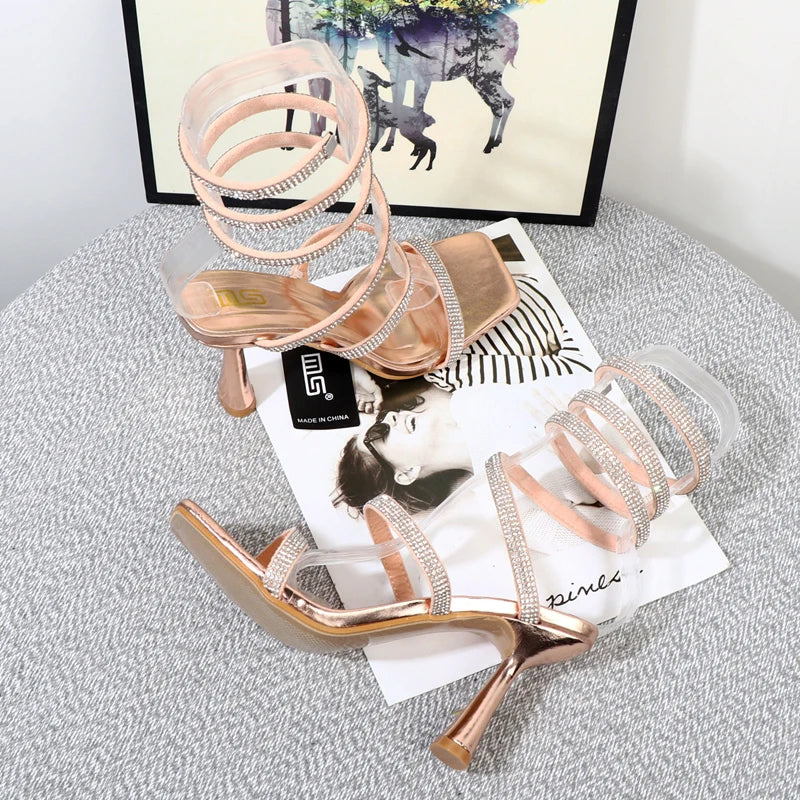 Rhinestone Spiral Strap High-Heeled Sandals