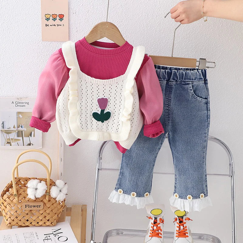 Baby Girls Knitted Vest, Bubble Sleeve T-shirt, and Jeans Set