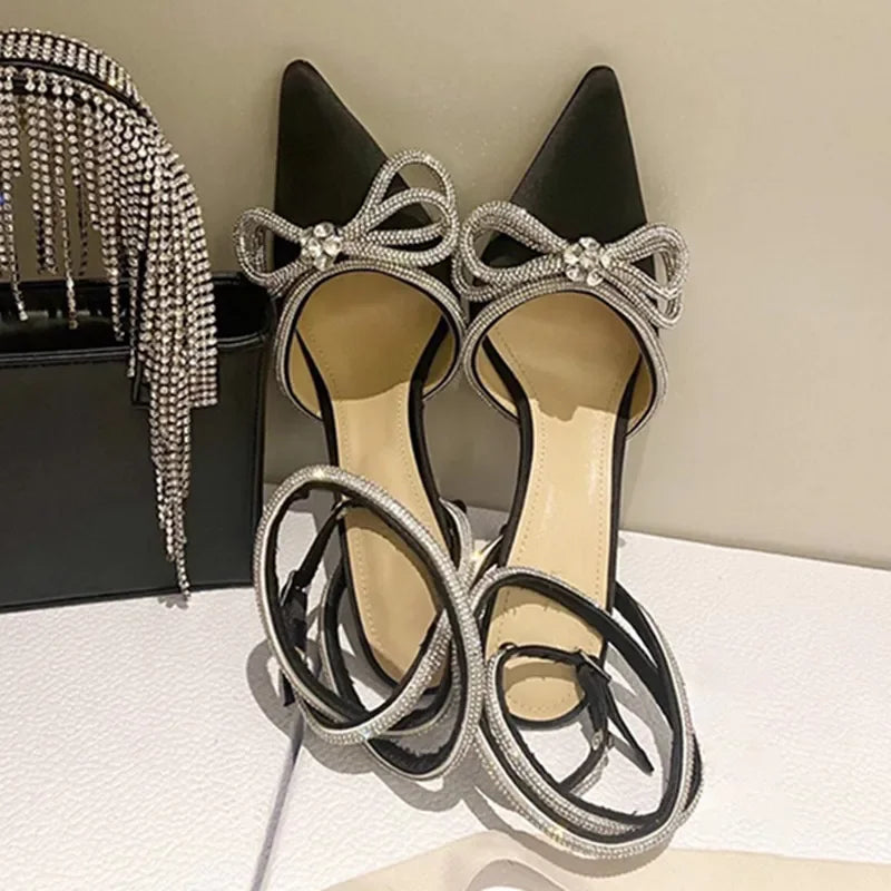 Pointed Toe Baotou High Heels Luxury Bow Rhinestone