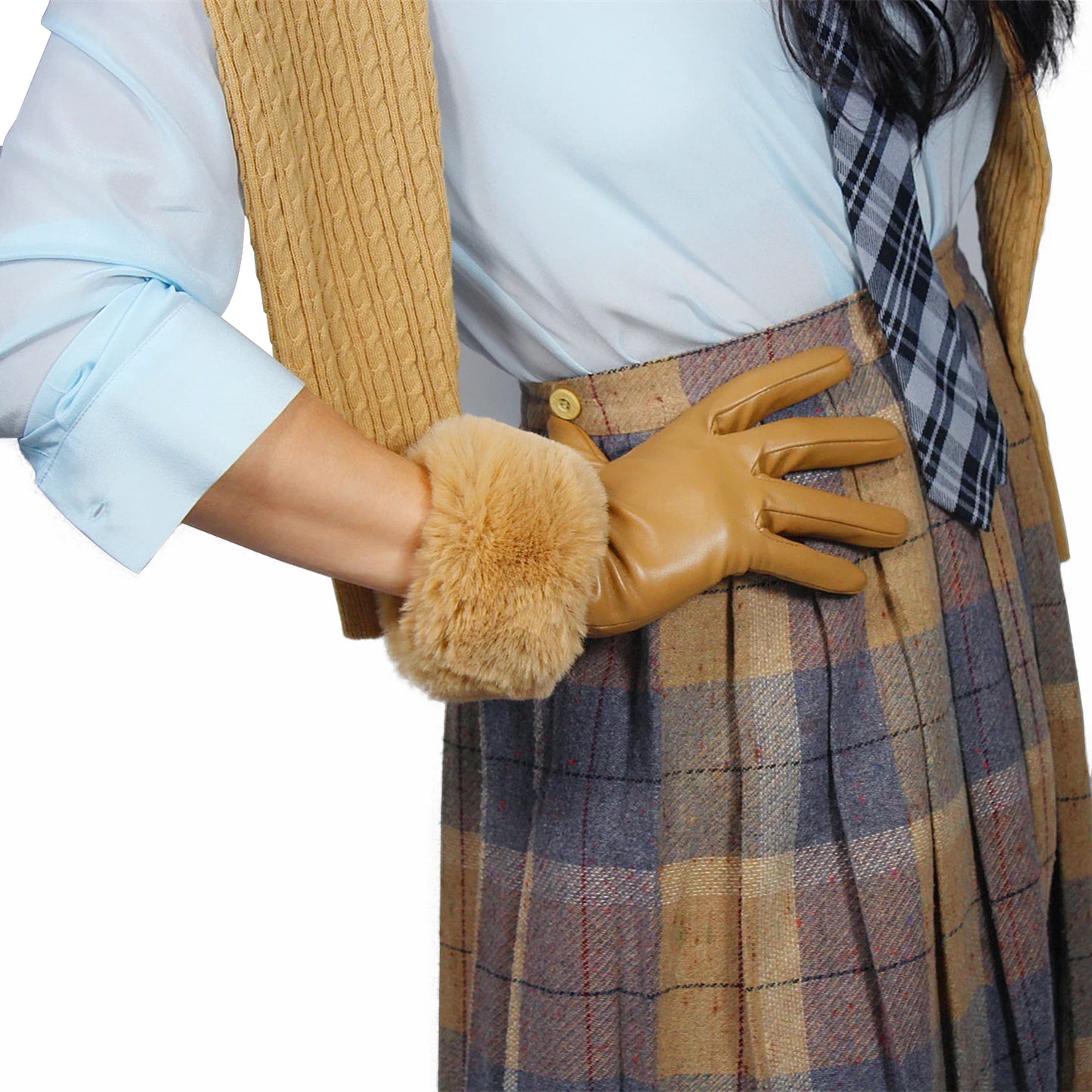 Women's Short Faux Leather Rabbit Fur Trim Gloves